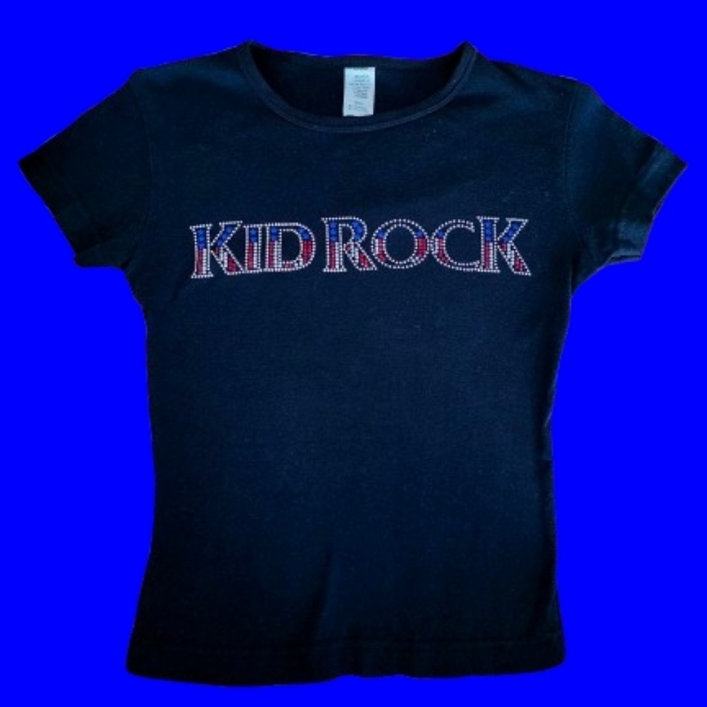 📣Y2K Vintage Kid Rock 🇺🇸 Jeweled Black 🖤 Baby Doll Gaziani Concert Tshirt🤘✨ - Picture 3 of 7